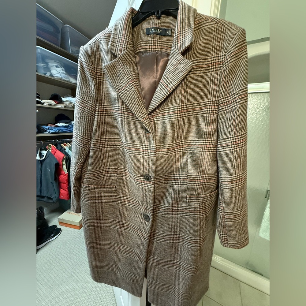 Lauren Ralph Lauren Brown plaid wool blend reefer coat. Size 18